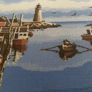 Vintage Matted Beach front Boats Nautical Water front Needle Work Art 23 x 19" - Picture 1 of 10