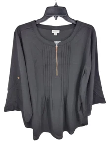 Avenue Top Womens 18/20 Black 3/4 Sleeve Gold Zip Neck Minimalist Career NWT - Picture 1 of 10