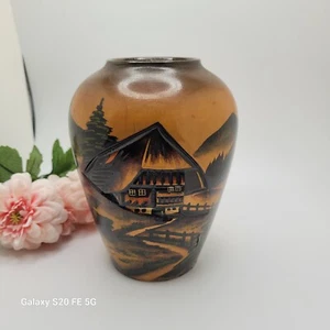 Vintage 1970s Handarbeit German Black Forest Hand Carved Painted Wood Vase 7 In - Picture 1 of 16