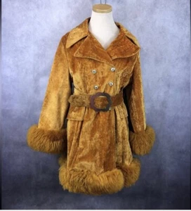 Vintage 60s Union Made Orange Velvet And Faux Fur Trim Penny Lane Coat - Picture 1 of 11