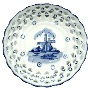 VTG Delftware Royal Twickel Blue White Lattice Windmill 5'' Dish Ter Steege - Picture 1 of 17