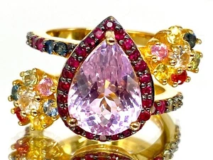 Meher Jewelry 9.18ct Kunzite, Ruby & Multi Sapphire Gemstone Yellow Vermeil Ring - Picture 1 of 4