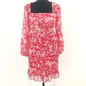 Sim & Sam Dress Size Small Red Pink Floral Long Sleeve Boho Milkmaid Smocked - Picture 1 of 10