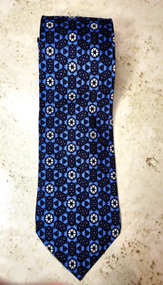 Christian La Croix Paris Blue Geometric Black Cream Satin Silk Pointed Tie - Image 1 of 4