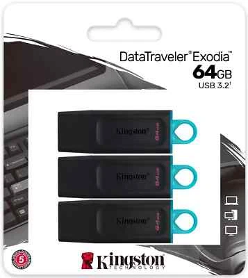 3- Packs of Kingston 64GB Data Traveller Exodia Memory Stick USB 3.2 Flash Drive - Image 1 of 4