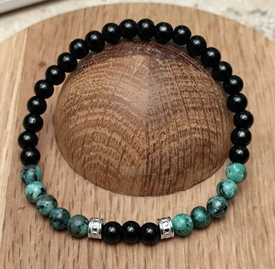 Naturstein Edelstein Armband Perlenarmband Kugelarmband Obsidian/afrik.Türkis - Bild 1 von 2