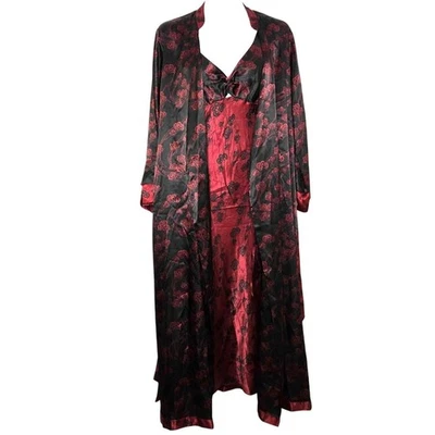 Cabernet Camisón Maxi Largo Kimono Bata Talla L Rojo Negro Sin Mangas Nudo Acento Foto 1 de 4
