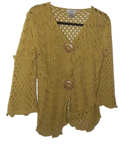 LaSein Sweater Womens Medium Olive Green Elegant Crocheted Knit Cardigan 3/4 LS - Picture 1 of 10