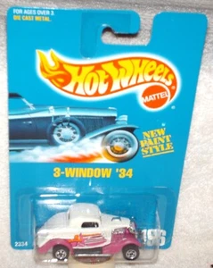 Hot Wheels 1991 Blue Card #196 3-Window '34 Ford white/purple fenders,ex.card - Picture 1 of 2