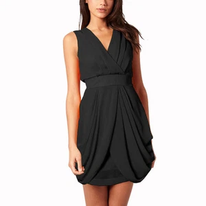 Sleeveless V Neck Draped Chiffon Cocktail Party Day Dress Club Wear Black - Picture 1 of 3