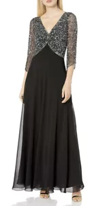 J KARA Women's Embellished V-Neck and V-Back Gown, 3/4 Illusion Sleeves Size 6 - Picture 1 of 8