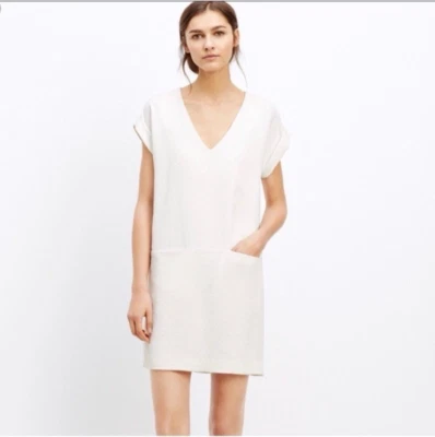 Vince White Textured Shift Dress Size S Minimalist V-Neck Pocket Mini Resort - Image 1 of 4