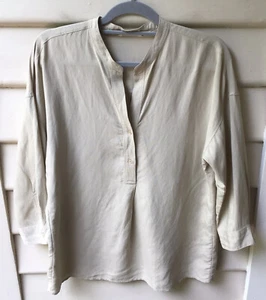 Uniqlo Khaki Green Top Shirt Linen Cotton Blend? M 12 Band Collar 3/4 Slv As New - Picture 1 of 6