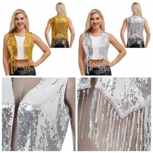 Women Vest Vintage Crop Top Concert Coat Sequin Waistcoat Rave Jacket Retro Tee - Picture 1 of 32