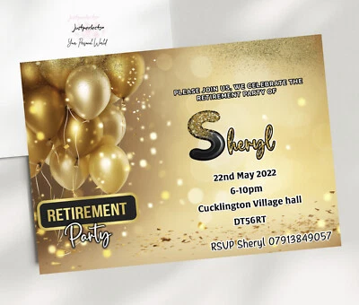 Retirement Gold Stylish party Invitations,Personalised Leaving work invites - Image 1 of 4