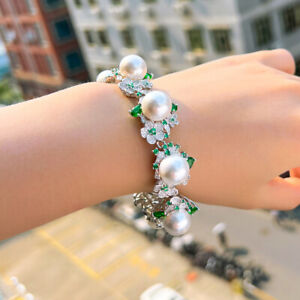 Green CZ Women Tennis Flower Big Pearl Bracelet Bangle White Gold Plated Jewelry