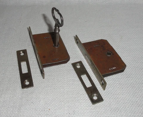 2 Original Antique Cabinet Locks ~ w/Work Key, Striker Plates ~ for Restoration Cover