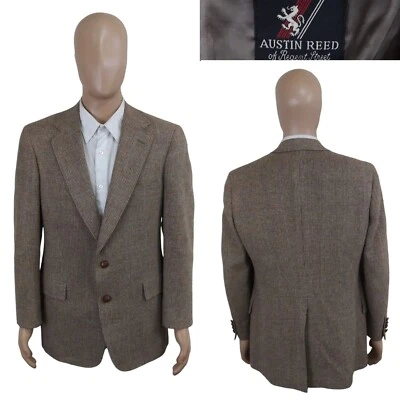 Vintage Austin Reed Leather Button Brown Tweed Check Wool Sport Coat 40R - Image 1 of 4