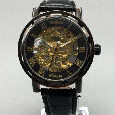 Winner Skeleton Watch Mens 40mm Gunmetal Black Leather Strap Manual Wind - Image 1 of 4