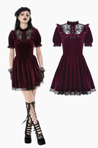 Vestido Dark In Love para mujer rojo oscuro gótico terciopelo encaje volantes manga corta abullonada - Imagen 1 de 19