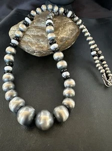 Navajo Pearls Graduated Sterling Silver Black Onyx White Bead Necklace 24” 17584 - Picture 1 of 12