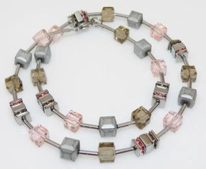 Halskette Kette Hämatit Cube grau Würfelkette Glas rosa rose grau Strass 082e - Bild 1 von 12