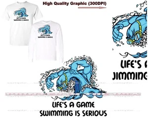 Swimming Is Serious Life's A Game Pool Swim Team Swimmer Wave Cartoon T Shirt - Picture 1 of 5