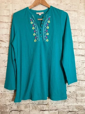 Top Woman Within Mujer 14/16 Azul Teal Floral Bordado Popover Waffle Térmico Foto 1 de 4