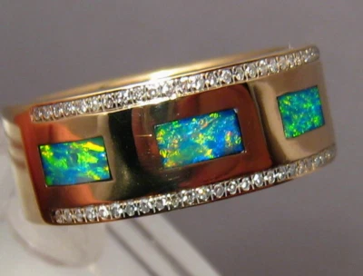 Anillo de ópalo y diamantes para hombre, alianza de boda, oro amarillo de 14 k, brillo 5+ Foto 1 de 4