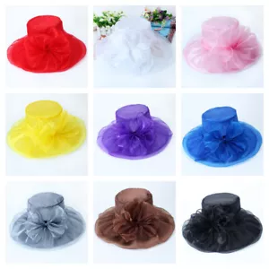Women Organza Church Hat Mesh Wide Brim Bridal Bowknot Cap for Wedding Party - Picture 1 of 21