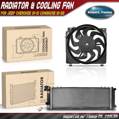 Kit de montaje de radiador y ventilador de refrigeración para Jeep Cherokee 91-01 Comanche 91-92 4,0 L Foto 1 de 4