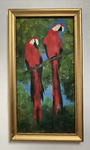 Dipinto olio miniatura originale d'epoca - ara rossa uccellini in habitat - firmato - Foto 1 di 10