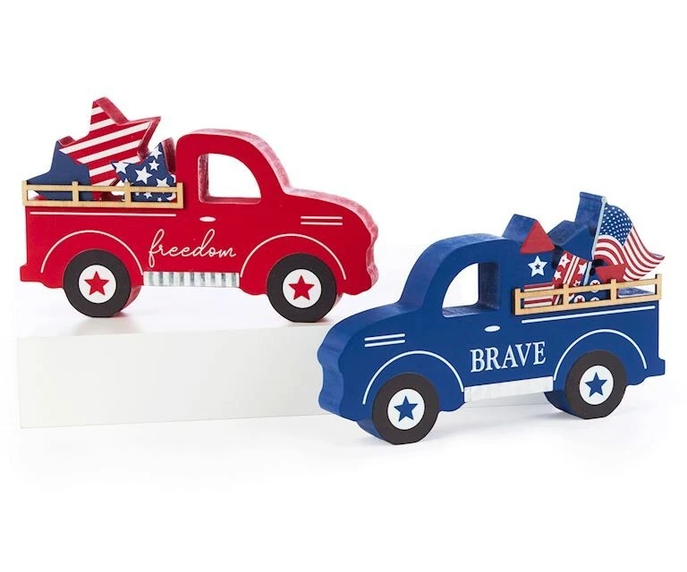 Набор из 2 фанерных статуэток American Patriotic Truck длиной 8 дюймов цвет красный синий Freedom Brave - Изображение 1 из 1