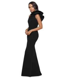 Vestido Trompeta Betsy & Adam Negro Volantes Un Hombro Talla 2 $259 - Imagen 1 de 3