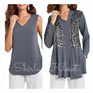 SUSAN GRAVER 2pc Set Dressy Sequin Open Cardigan & Matching Tank Top Gray LARGE - Picture 1 of 16