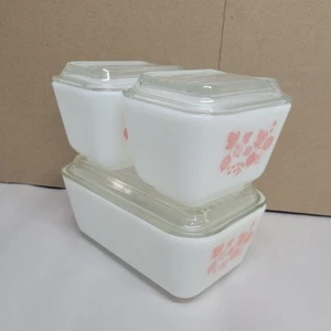 Vtg Pyrex PINK Gooseberry Refrigerator 6 pc Dish Set w Lids (2) 501 & (1) 502 - Picture 1 of 24