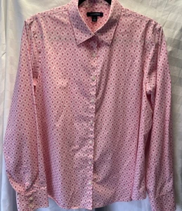 Lands' End Pink Flower Print Button Down No Iron Supima Cotton Women 14 Shirt - Picture 1 of 12