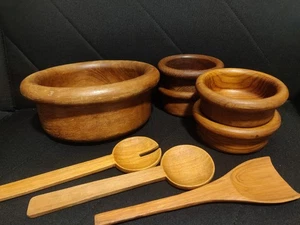 Vintage Knobler Echt Teakholz Salatschüssel Set mit Servierlöffeln Lippe Thailand - Bild 1 von 7