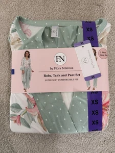 NWT Women's FLORA NIKROOZ Green Robe/Tank/ Pant Pajama Set Size XS 3 Piece - Picture 1 of 3