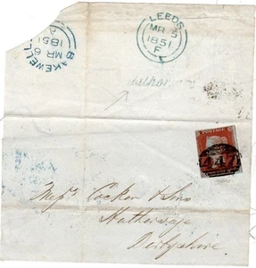 1851 LEEDS =447= ON WRAPPER > COCKER AT HATHERSAGE - SCARCE POSTMARK DERBYSHIRE - Picture 1 of 1