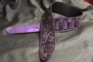 Tracolla per chitarra in pelle lavorata a mano made in USA 3,5" riff floreali viola perla - Foto 1 di 12