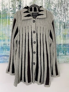Women Sweater Large Wool Jacket Button Stripe Brown Grey Black Mod Artsy Boucle - Picture 1 of 10