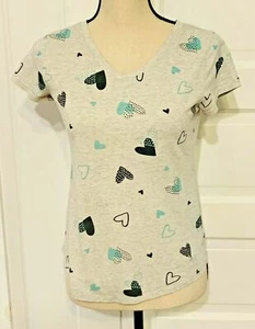 Justice Girls 14 16 T Shirt Tee Top Blouse Gray with Black Aqua Hearts - Picture 1 of 10