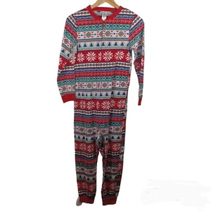 Christmas One Piece Fair Isle Pajamas Kids Large 10-12 Red -Long Sleeve  - Picture 1 of 11