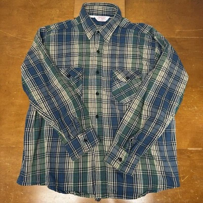 Vintage Jim Catfish Hunter Shirt Mens Large Green Blue Plaid Button Flannel 70s - Image 1 of 4