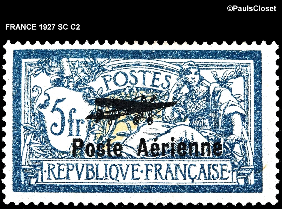 FRANCE 1927 SC C2 LIBERY & PEACE BLK OP POST AERIENNRIE 5fr MHM OG F/VFINE - Image 1 of 2