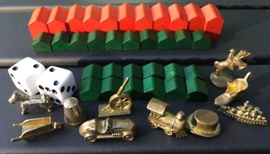 1998 Monopoly Deluxe Replacement Gold Toned Metal Game Peices Wood Houses Dice - Picture 1 of 8