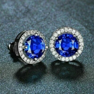 2Ct Round Cut Lab Created Blue Sapphire Halo Stud Earring 14K White Gold Plated - Picture 1 of 6