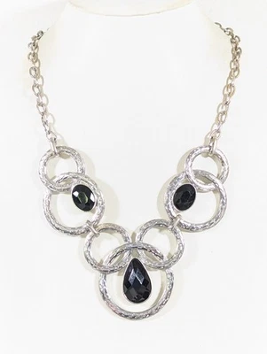 Jules B Statement Necklace Silver Tone Hammered Rings Black Faceted Cab 22" - Image 1 of 4