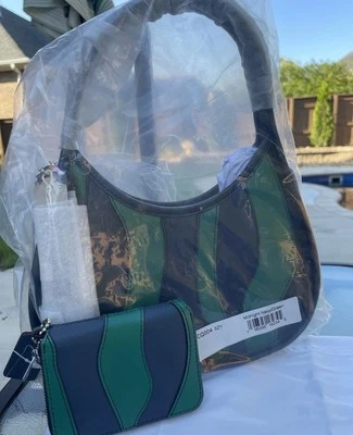 NWT Coach Midnight Navy Green Ergo Bag Wavy Stripe Upcrafted Leather With Wallet - Image 1 of 4